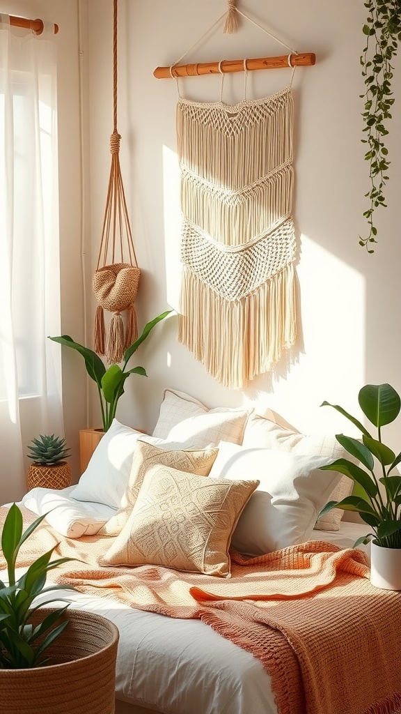 A cozy boho bedroom with plants, textured pillows, and a woven wall hanging.