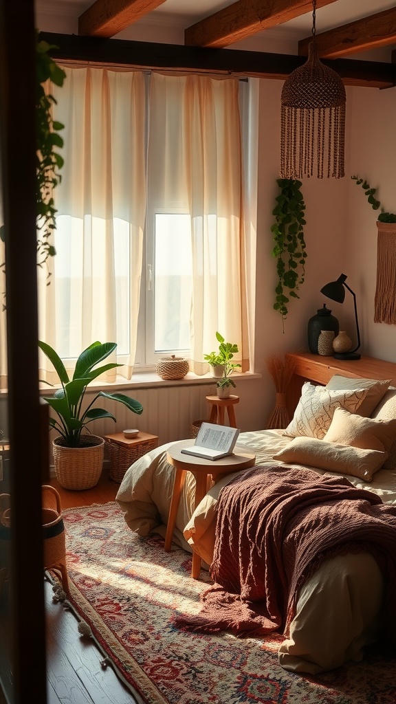 A cozy small bedroom with natural light, plants, and layered textiles creating a Zen Boho style.