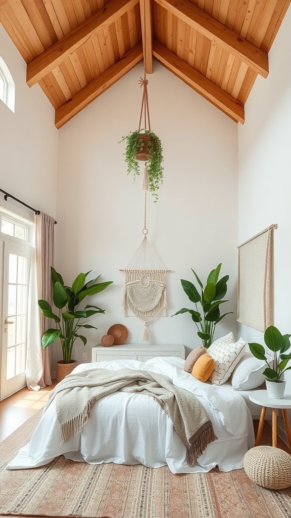 A cozy bedroom featuring a high ceiling with wooden beams, a bed with white linens and textured throw, and green plants for a Boho style.