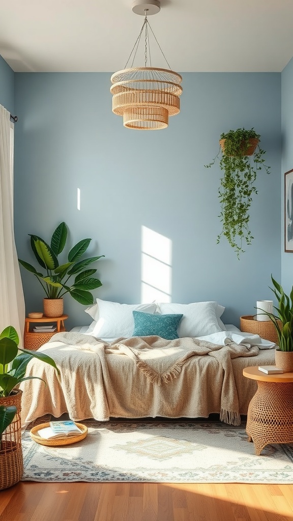 A cozy light blue boho bedroom with plants, a woven chandelier, and a comfortable bed.
