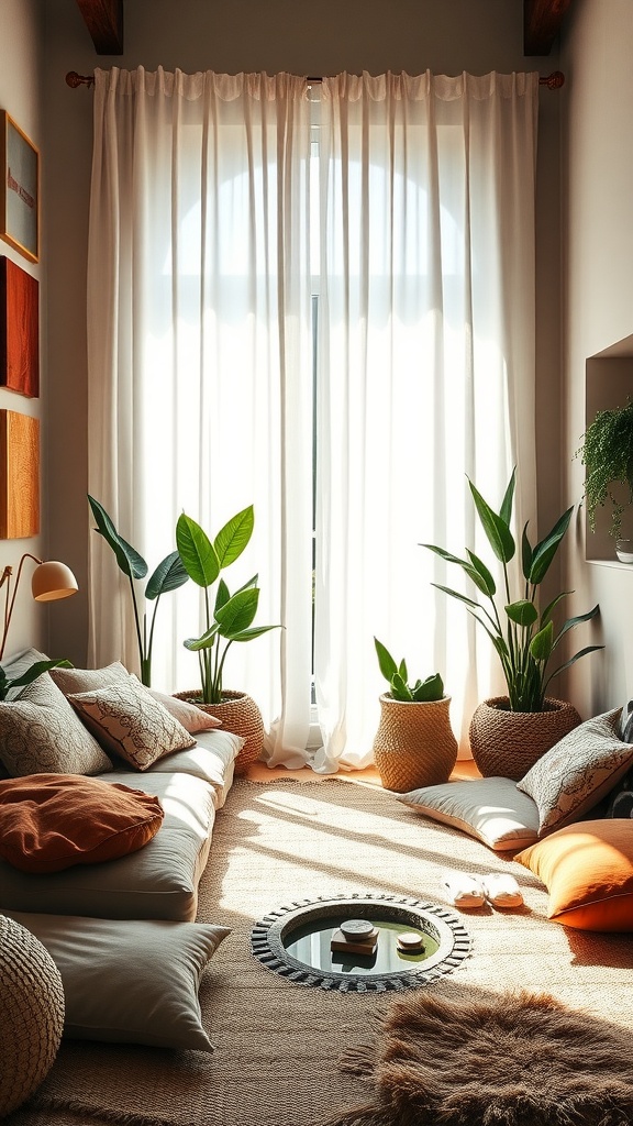 A cozy zen-inspired room with soft cushions, plants, and natural light.