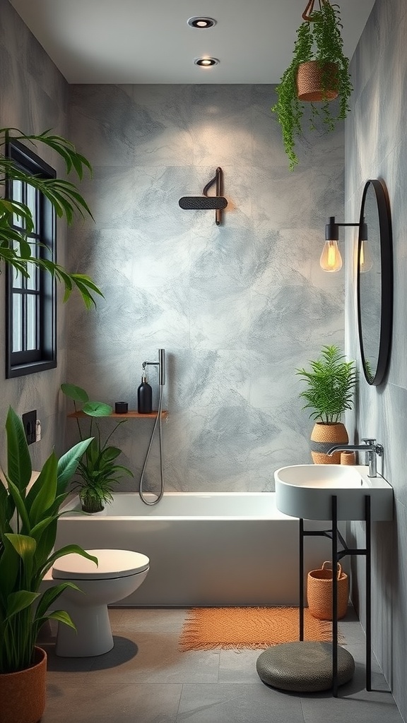 A contemporary bathroom with a Zen garden influence, featuring indoor plants, gray tiles, and modern fixtures.