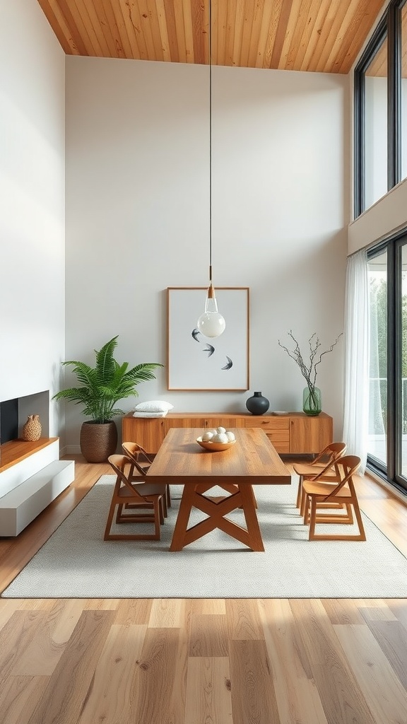 A cozy living room dining room combo featuring a wooden ceiling, a large wooden dining table, stylish chairs, and a potted plant in a bright, open space.