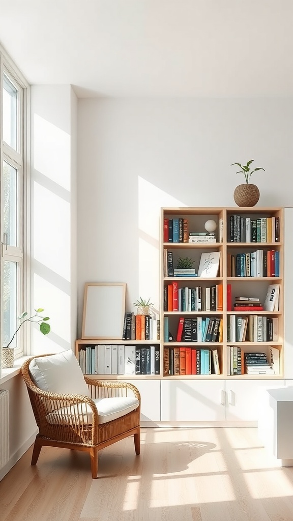 Minimalist home library featuring a window seat and cozy chair.