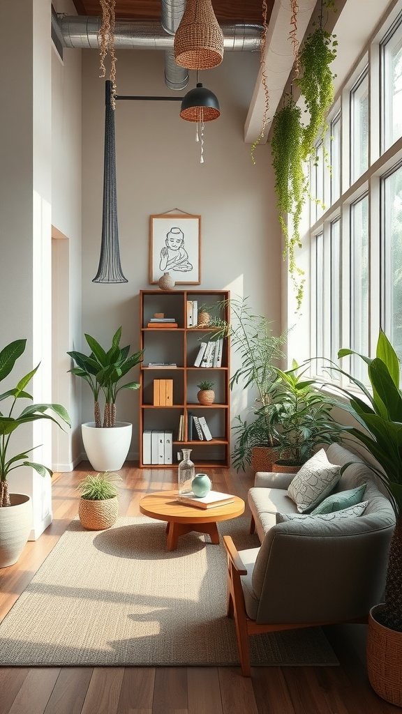 A cozy reading corner with a sofa, plants, and a coffee table, designed for relaxation and reading.