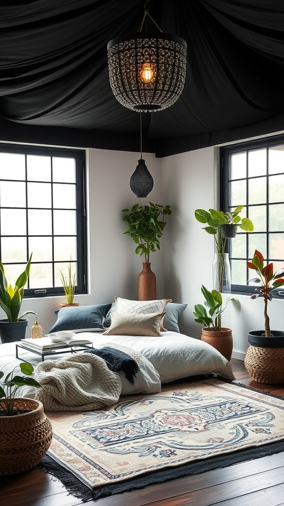 A serene black boho bedroom with low bed, plants, and cozy lighting