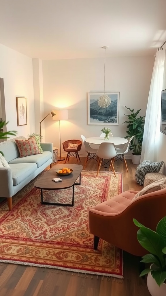 A cozy small living room featuring a dining table, a patterned rug, and a warm seating area.