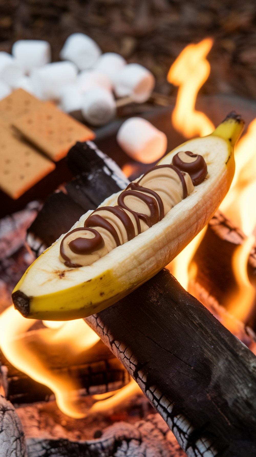 A banana filled with peanut butter and chocolate, resting on a log near a campfire.