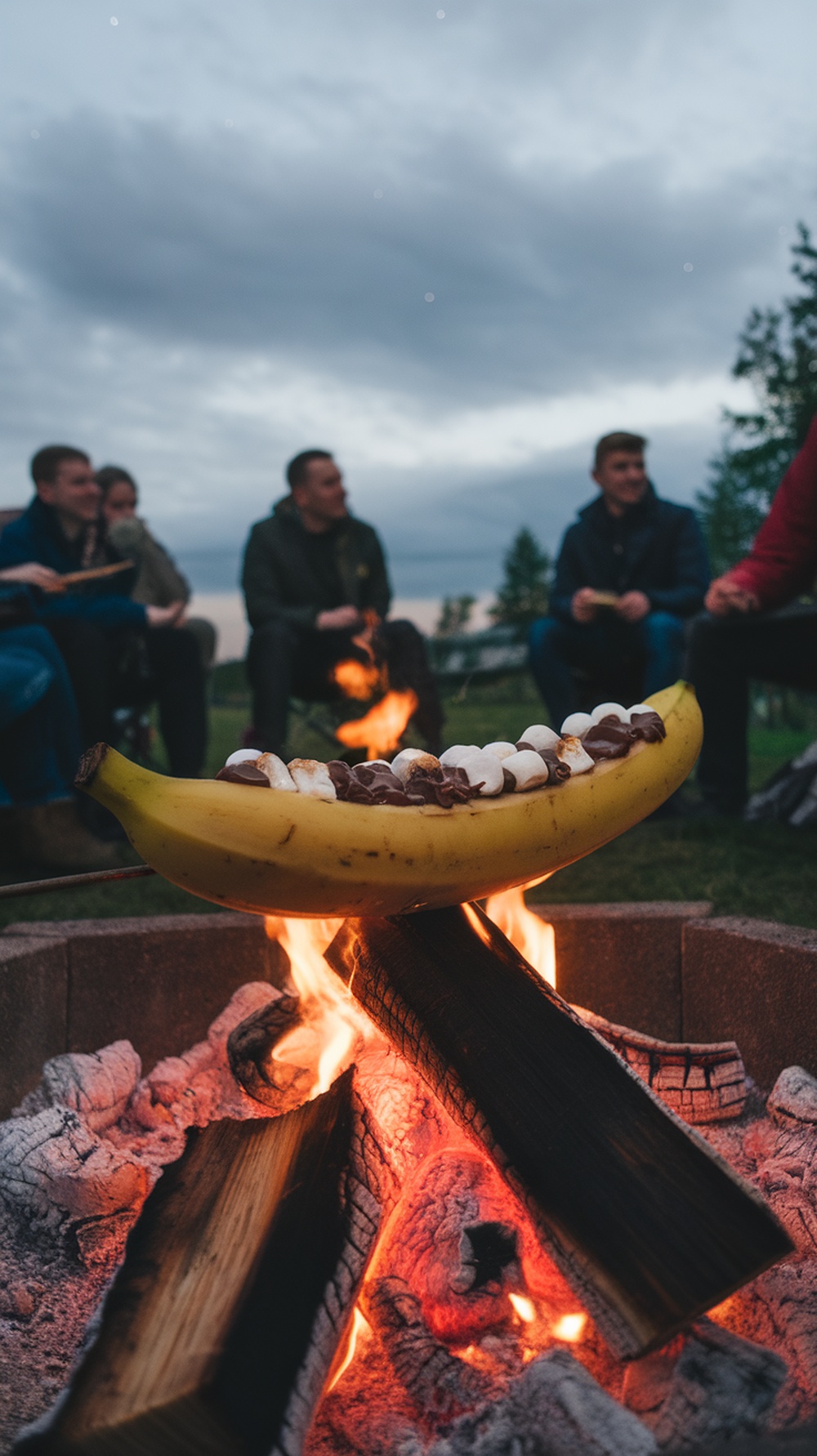 A banana with chocolate and marshmallows roasting over a campfire, surrounded by people enjoying the experience.