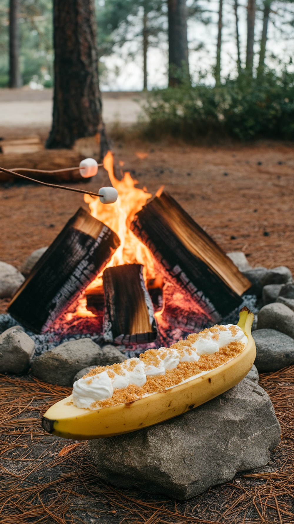 A banana filled with whipped cream and toasted coconut, placed on a rock near a campfire.