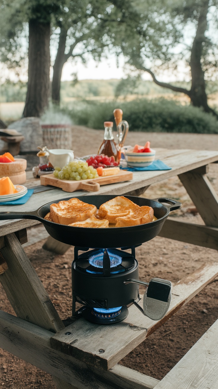 French toast cooking in a cast iron skillet at a campsite, surrounded by nature.