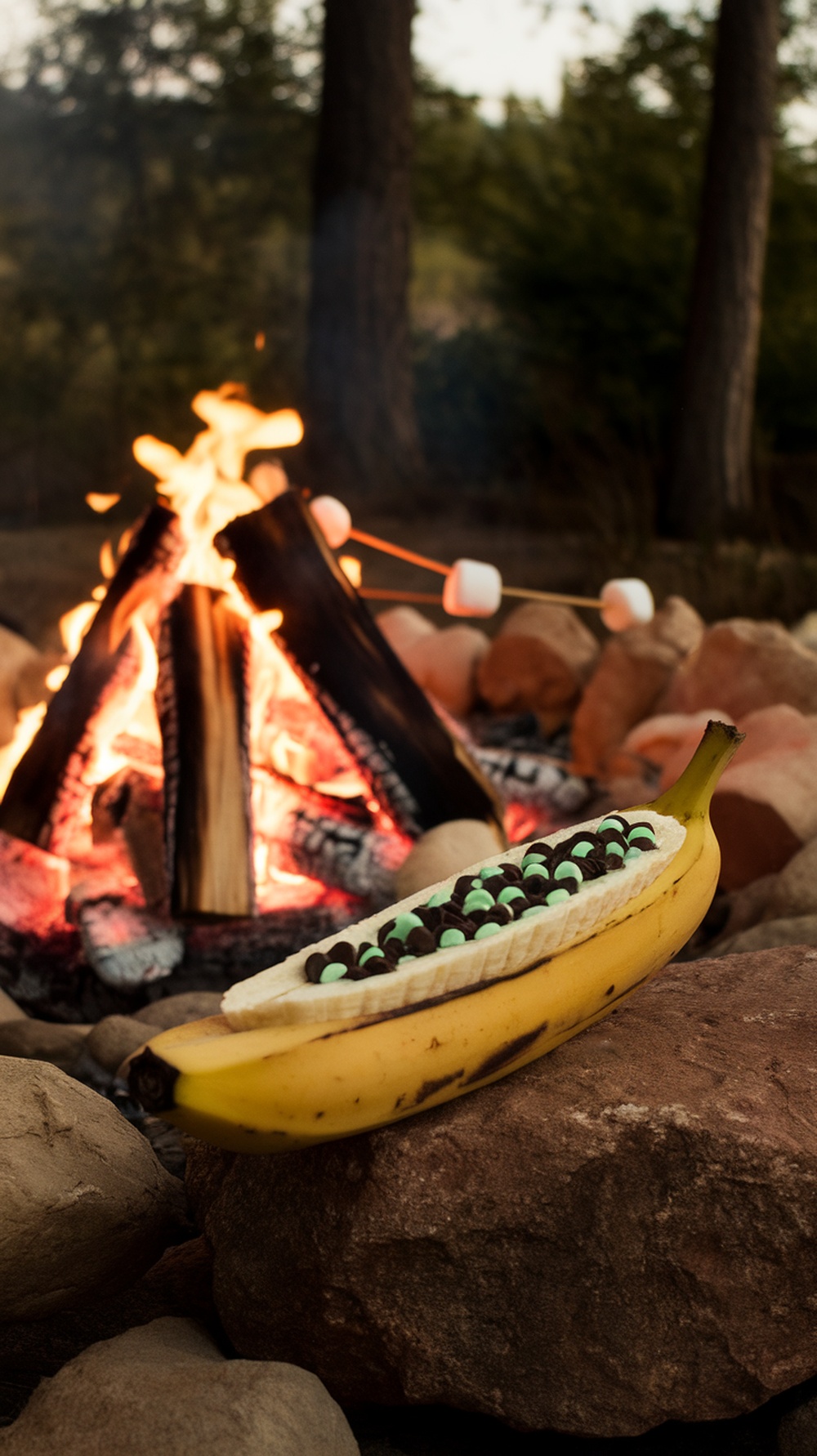 Banana filled with mint chocolate chips near a campfire