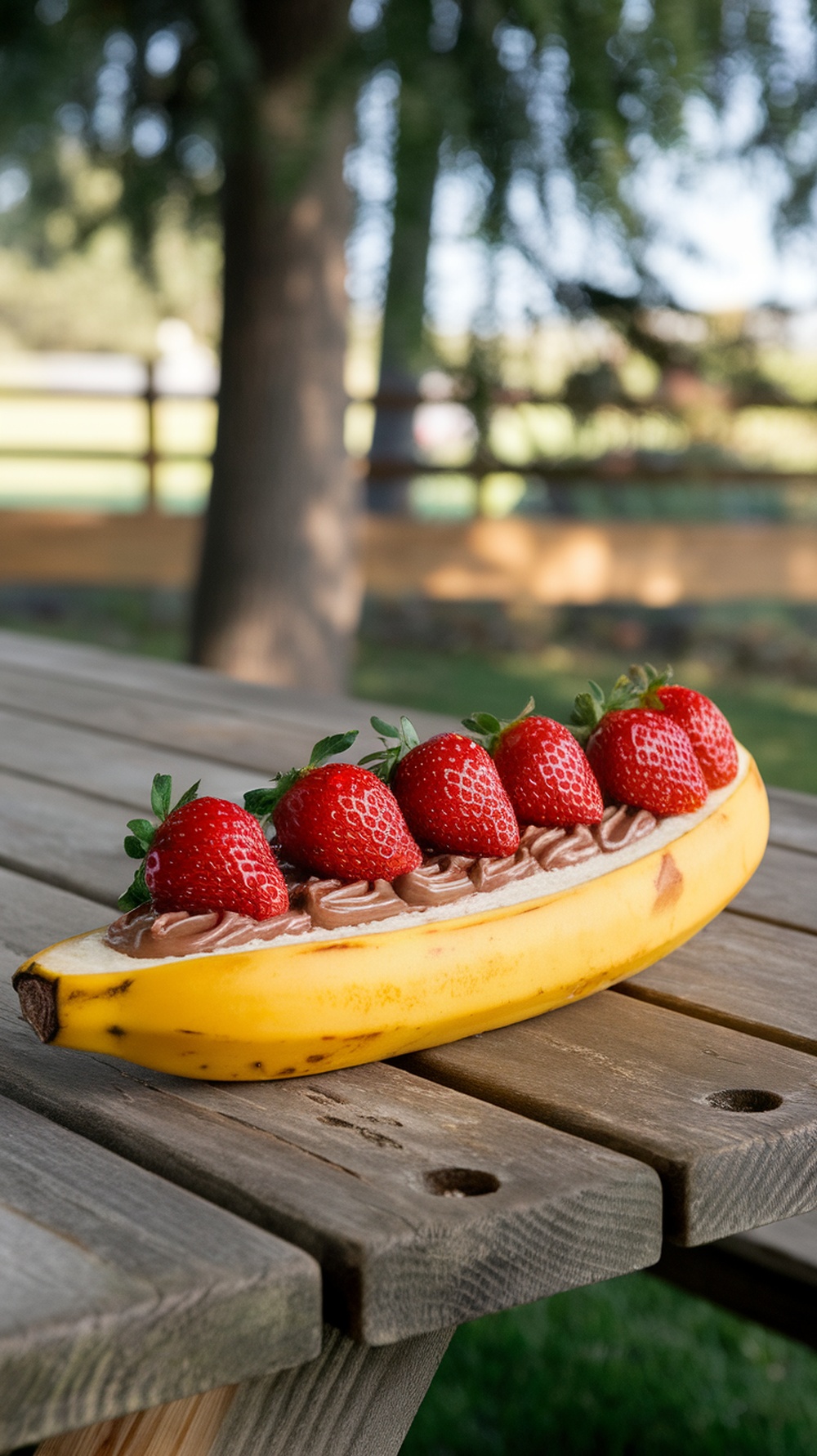 A banana boat filled with Nutella and topped with strawberries on a wooden table