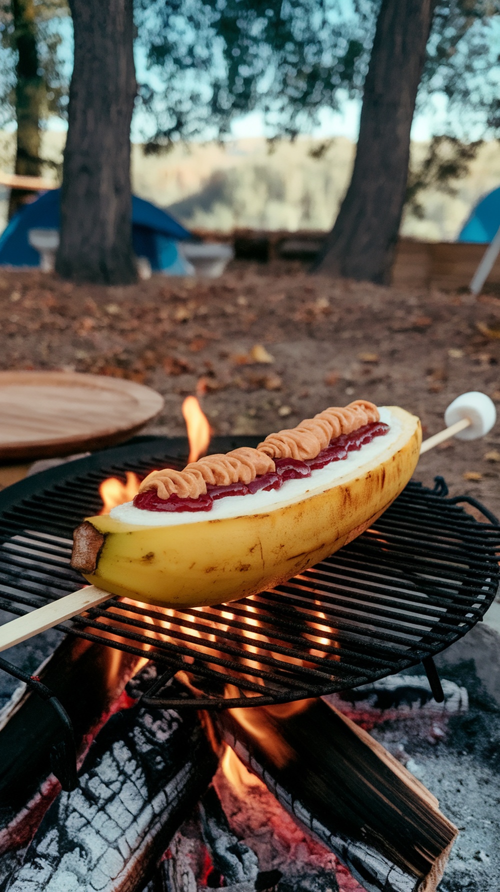 A grilled banana topped with peanut butter and jelly over a campfire