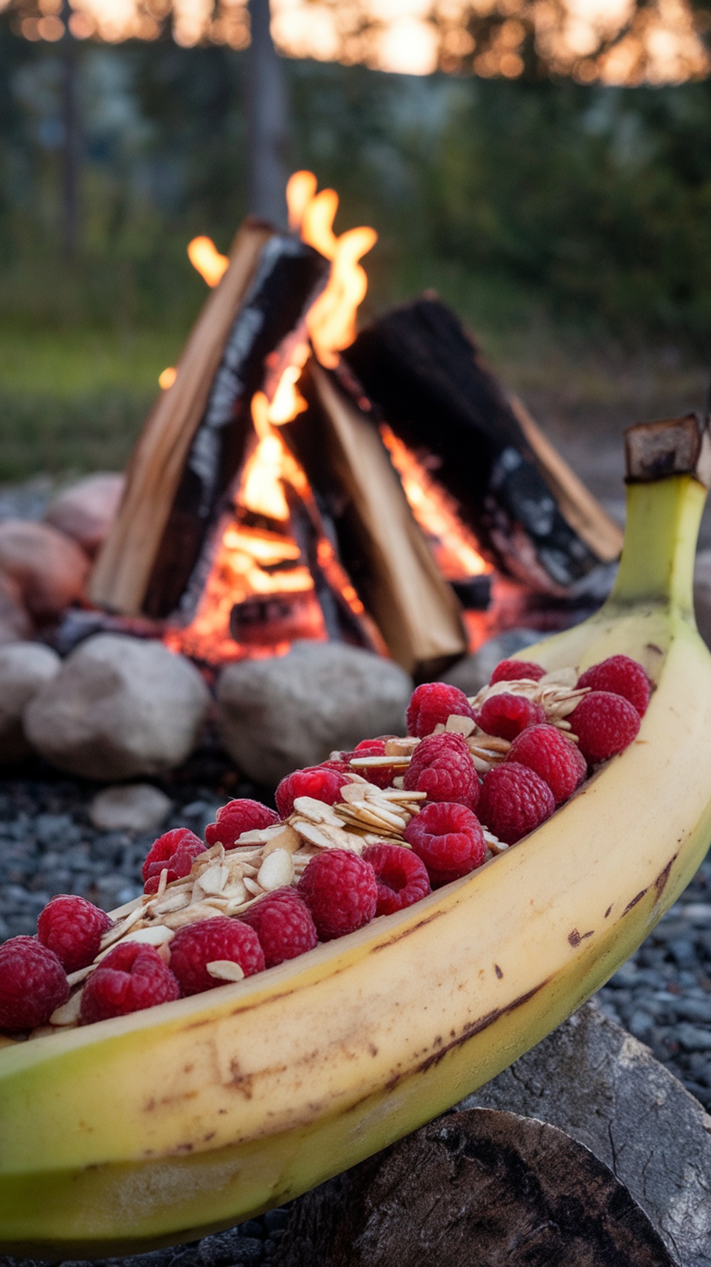 A banana filled with raspberries and almonds, placed next to a campfire.