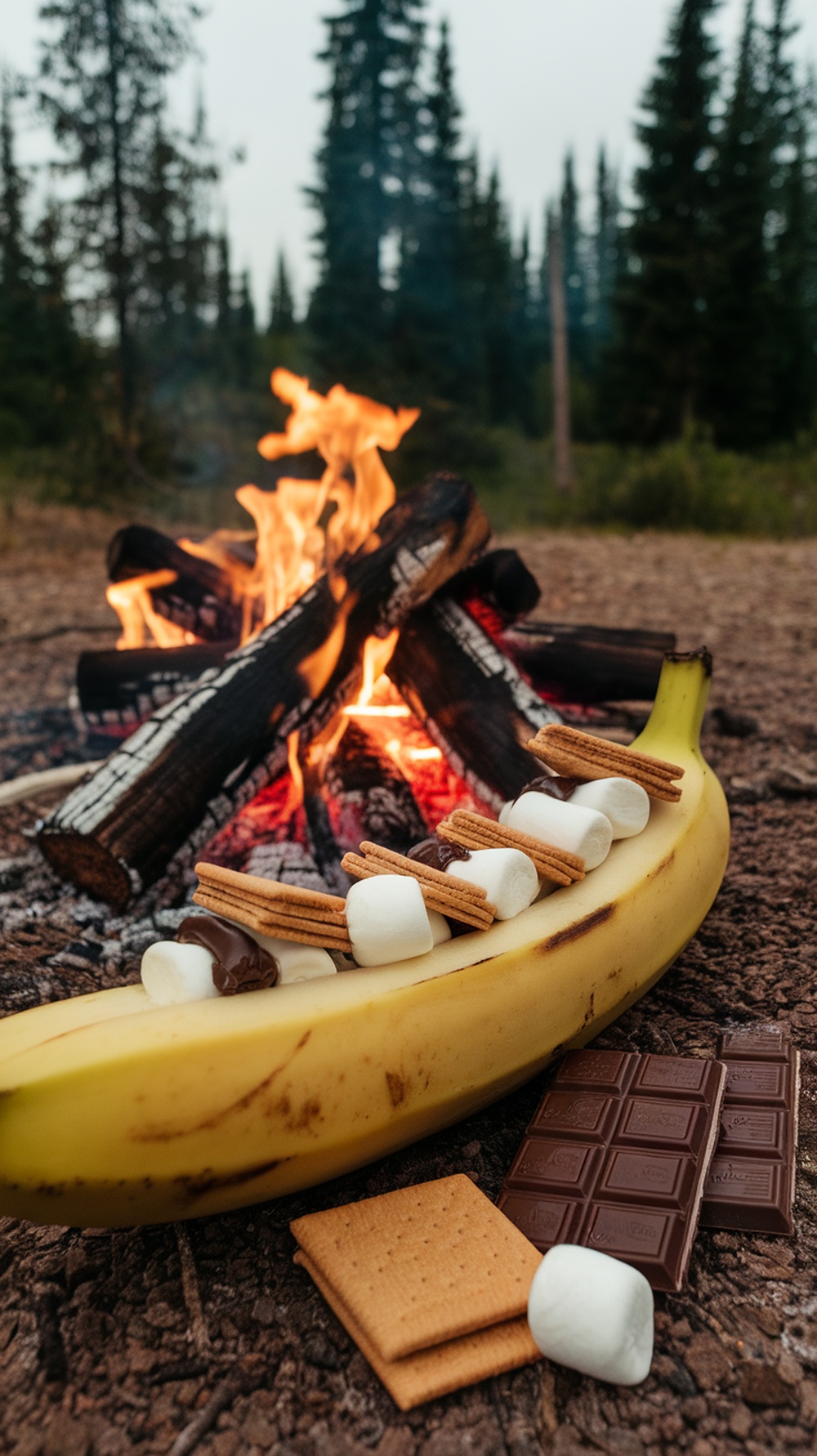 A banana with Nutella, marshmallows, and graham crackers near a campfire