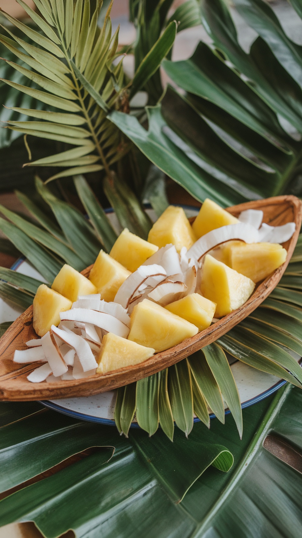 A wooden platter of fresh pineapple chunks and coconut slices on green palm leaves.