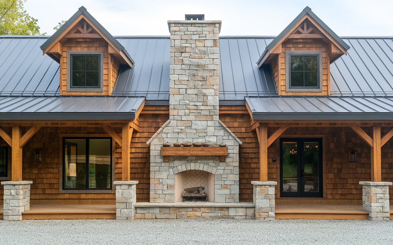 Exterior of a barndominium featuring a stone chimney, wooden siding, and large windows.