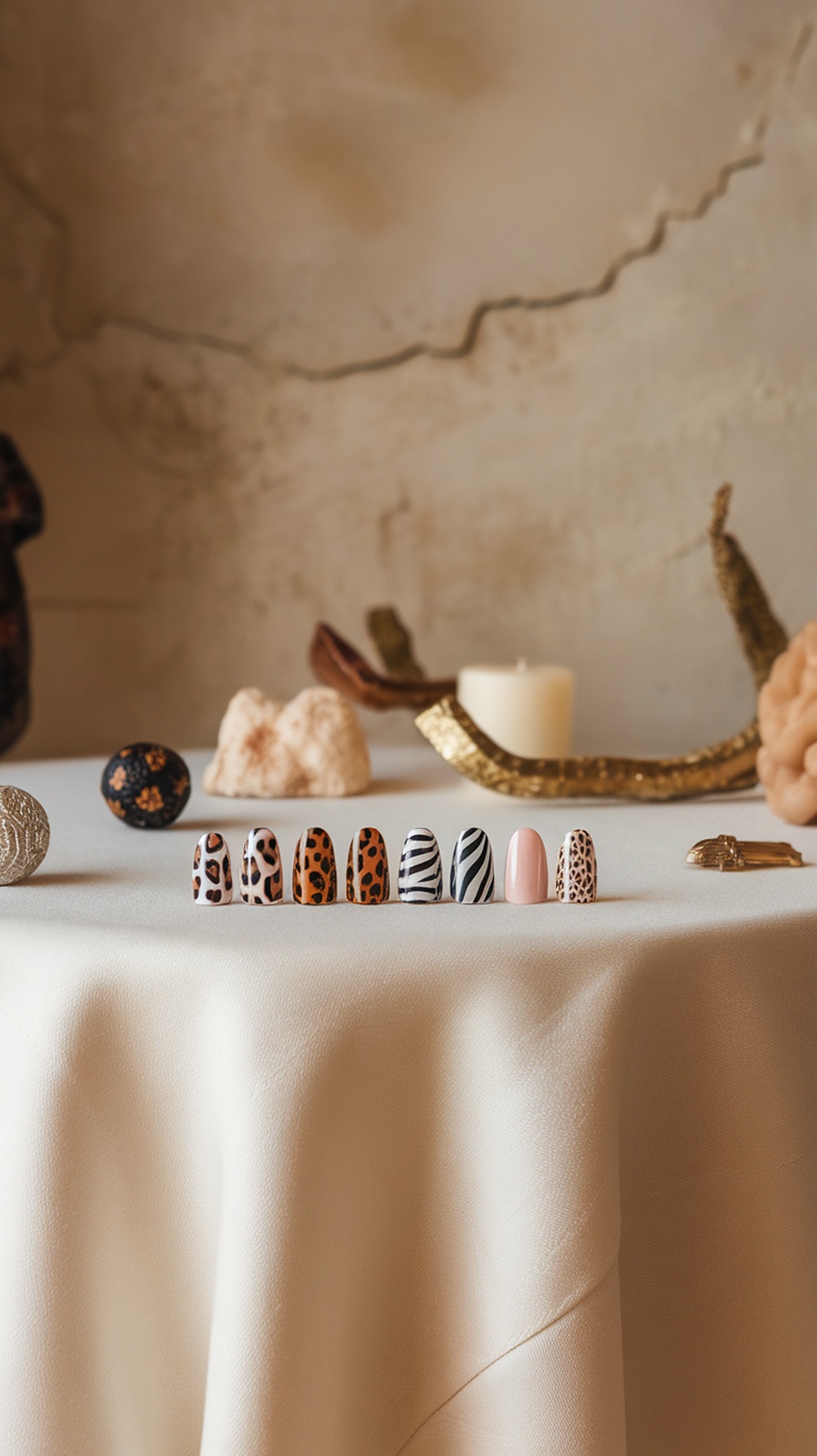 A display of various animal print nail designs on a table.