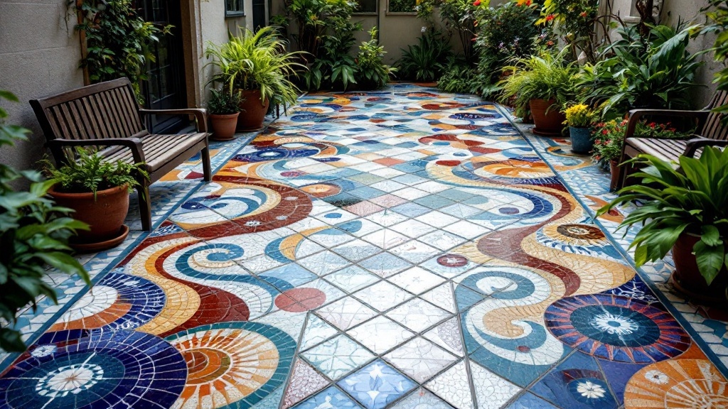 A colorful mosaic tile flooring design in a patio area with surrounding plants and seating.