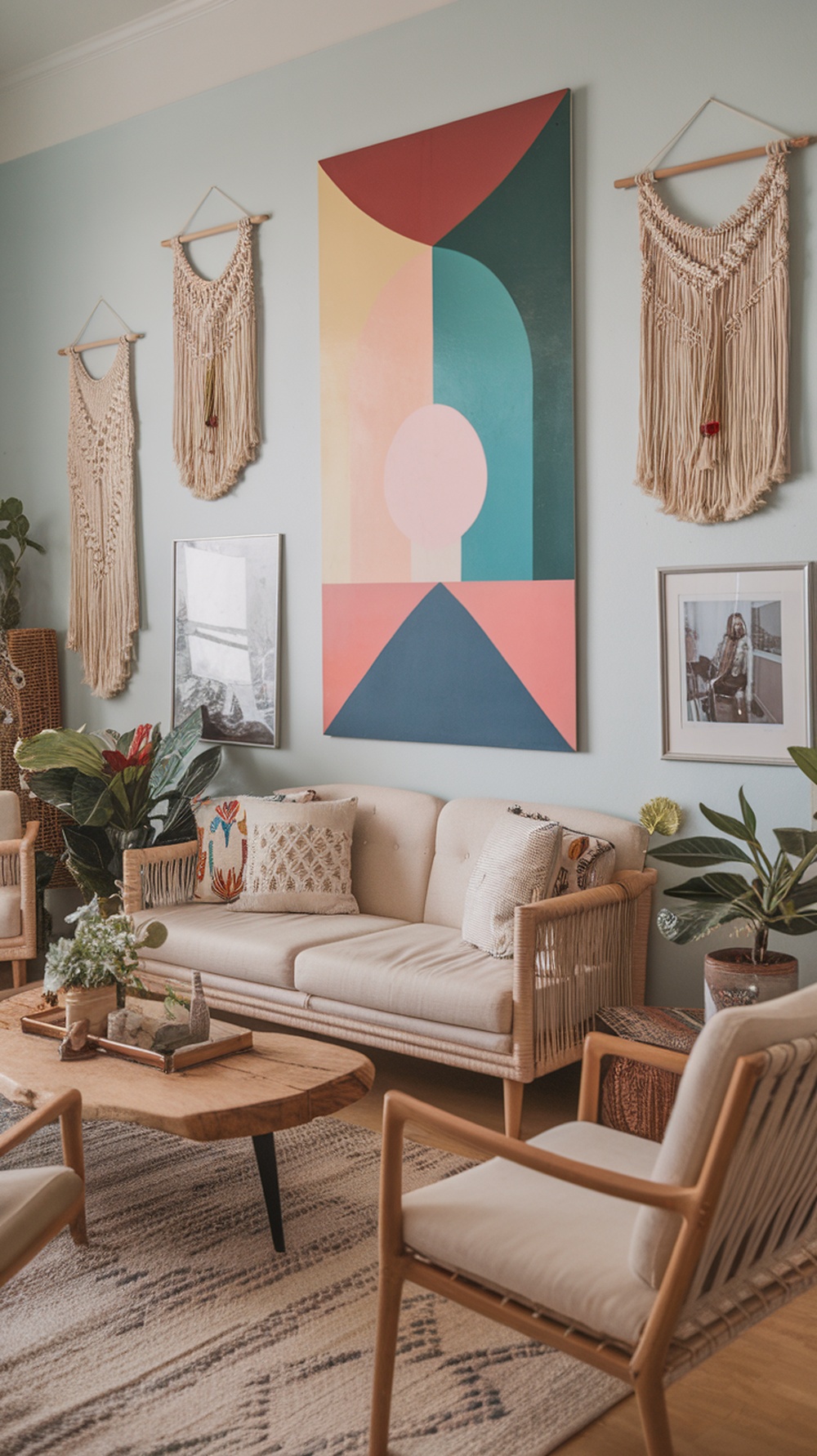 A boho living room featuring artistic wall decor with a large abstract painting and macramé hangings.