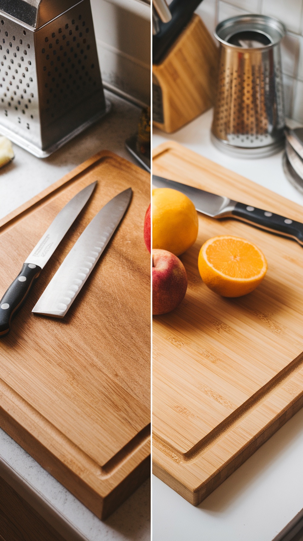 A comparison of bamboo and hardwood cutting boards with knives and fruits.