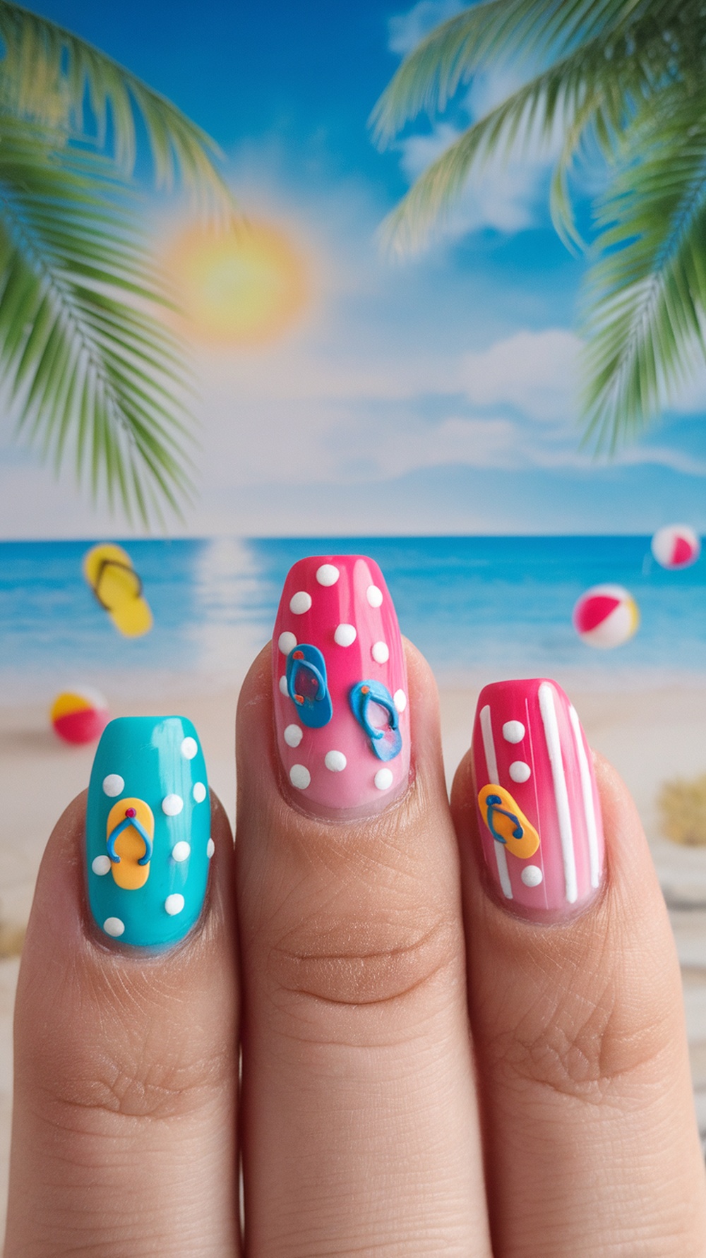 Colorful summer nails with flip-flop designs and polka dots against a beach background.