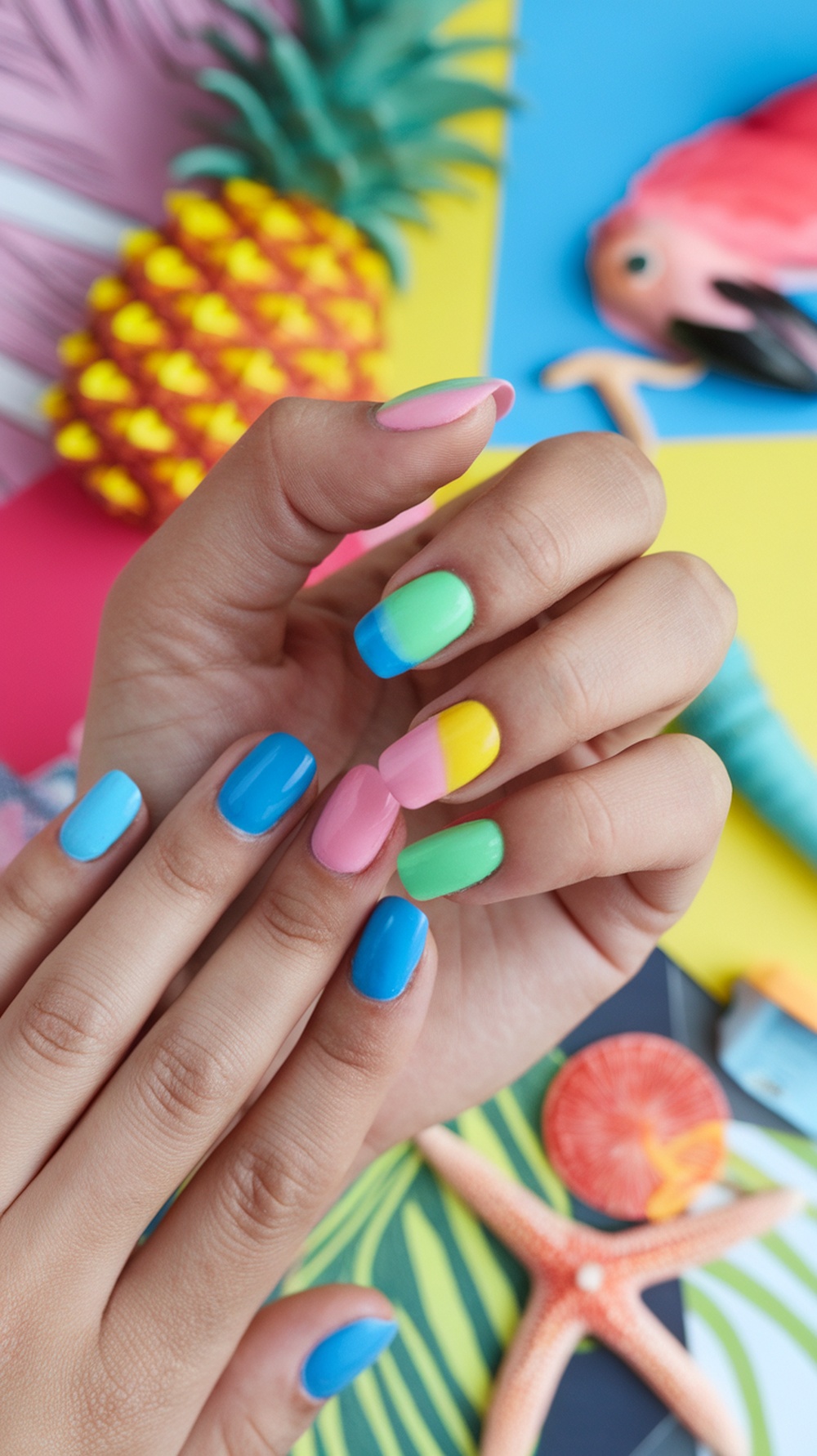 Color block nails featuring bright blue, pink, green, and yellow shades with a tropical background.