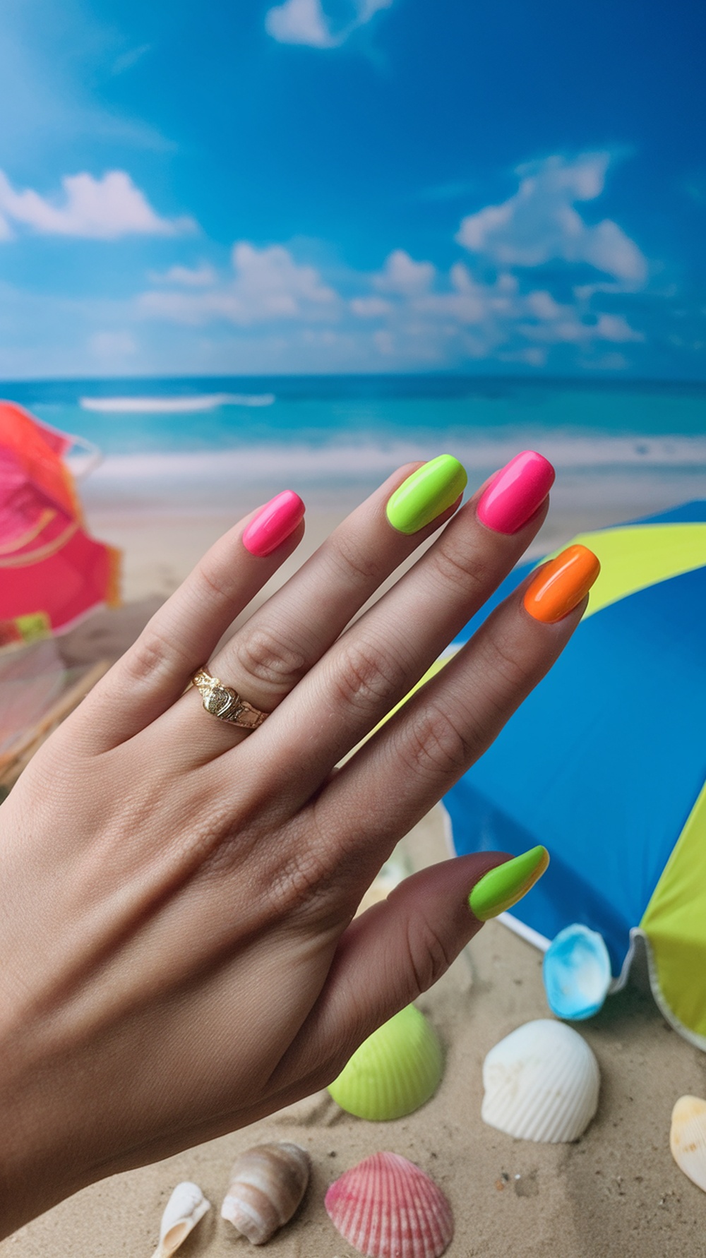 A hand with bright neon nails in pink, green, and orange against a beach background