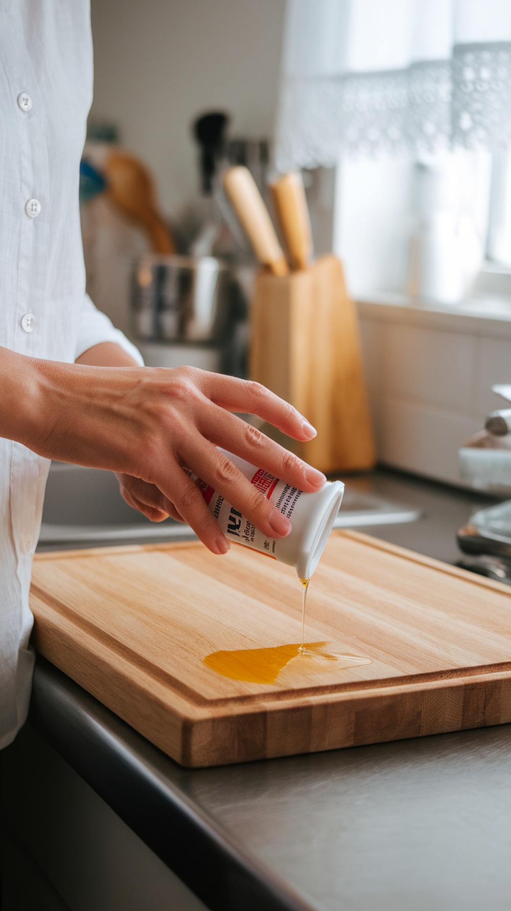 A person pouring oil onto a wooden cutting board for maintenance.