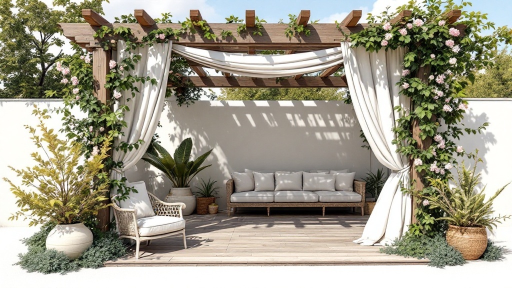 A cozy pergola with a wooden frame, draped fabric, and surrounded by greenery and potted plants.
