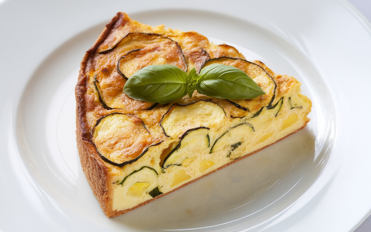 A slice of cheesy zucchini frittata garnished with basil on a white plate.