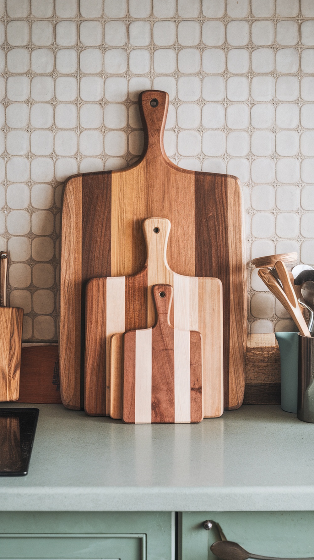 A selection of wooden cutting boards in various sizes displayed on a kitchen countertop.