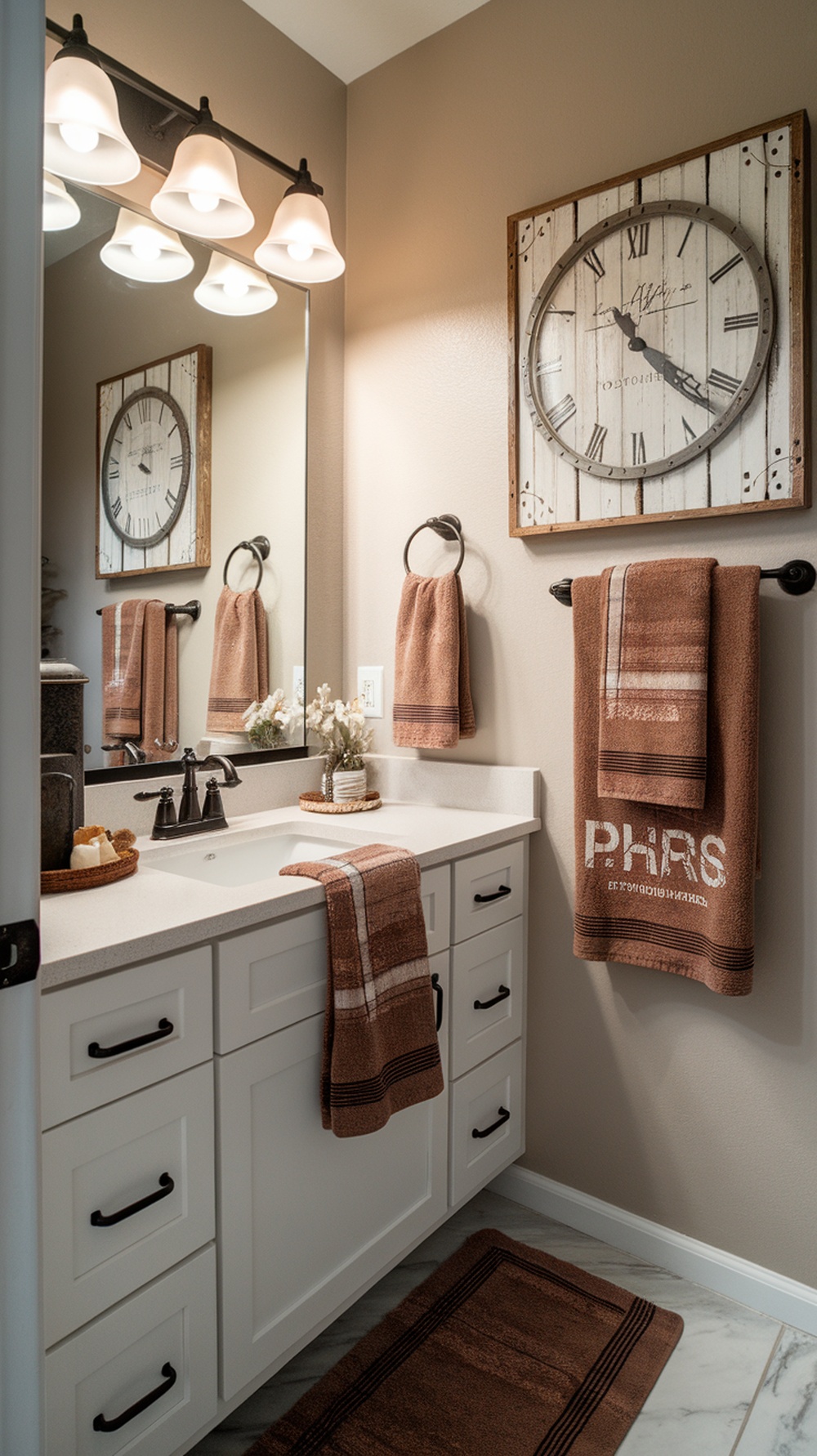 A modern farmhouse bathroom with brown towels, a vintage clock, and a clean sink area.