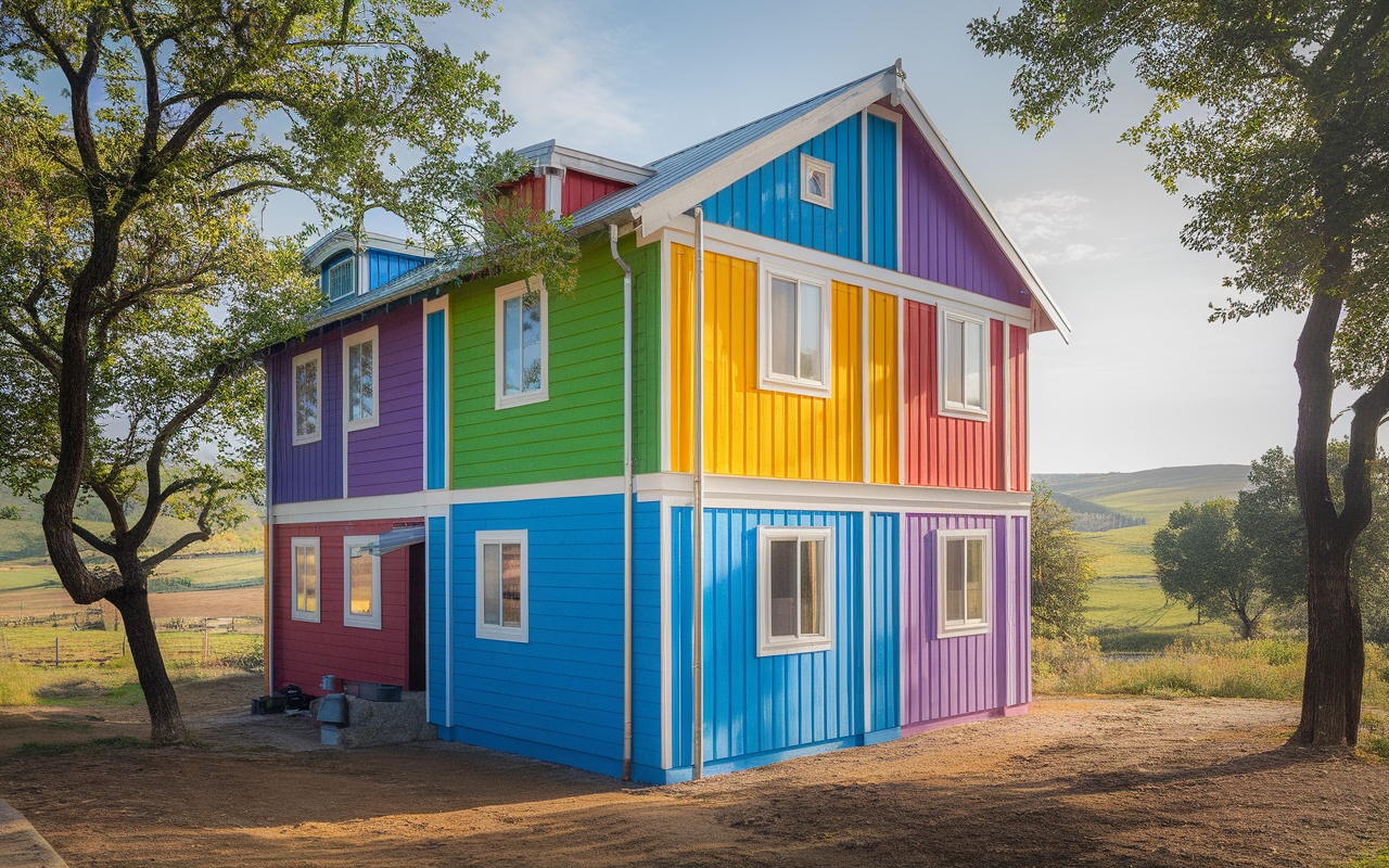 A colorful barndominium with green, blue, yellow, and purple facades surrounded by trees and fields.