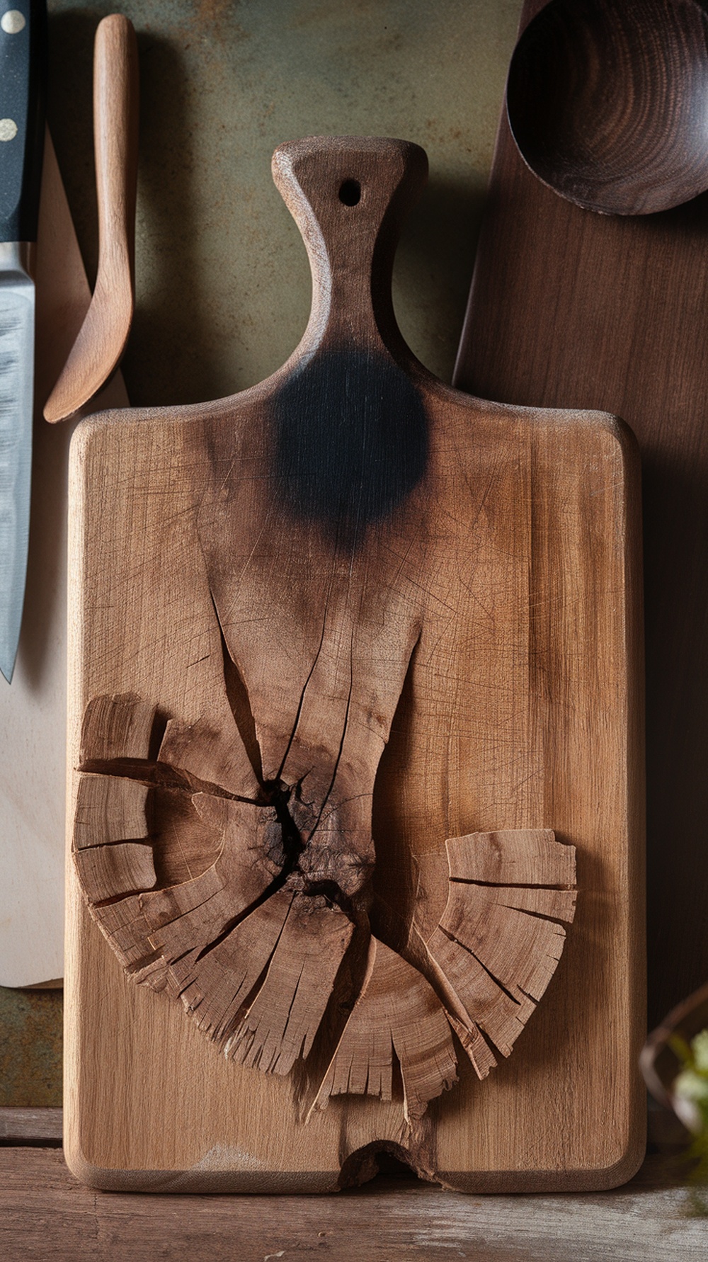 A wooden cutting board with unique grain patterns and visible cracks, accompanied by kitchen utensils.