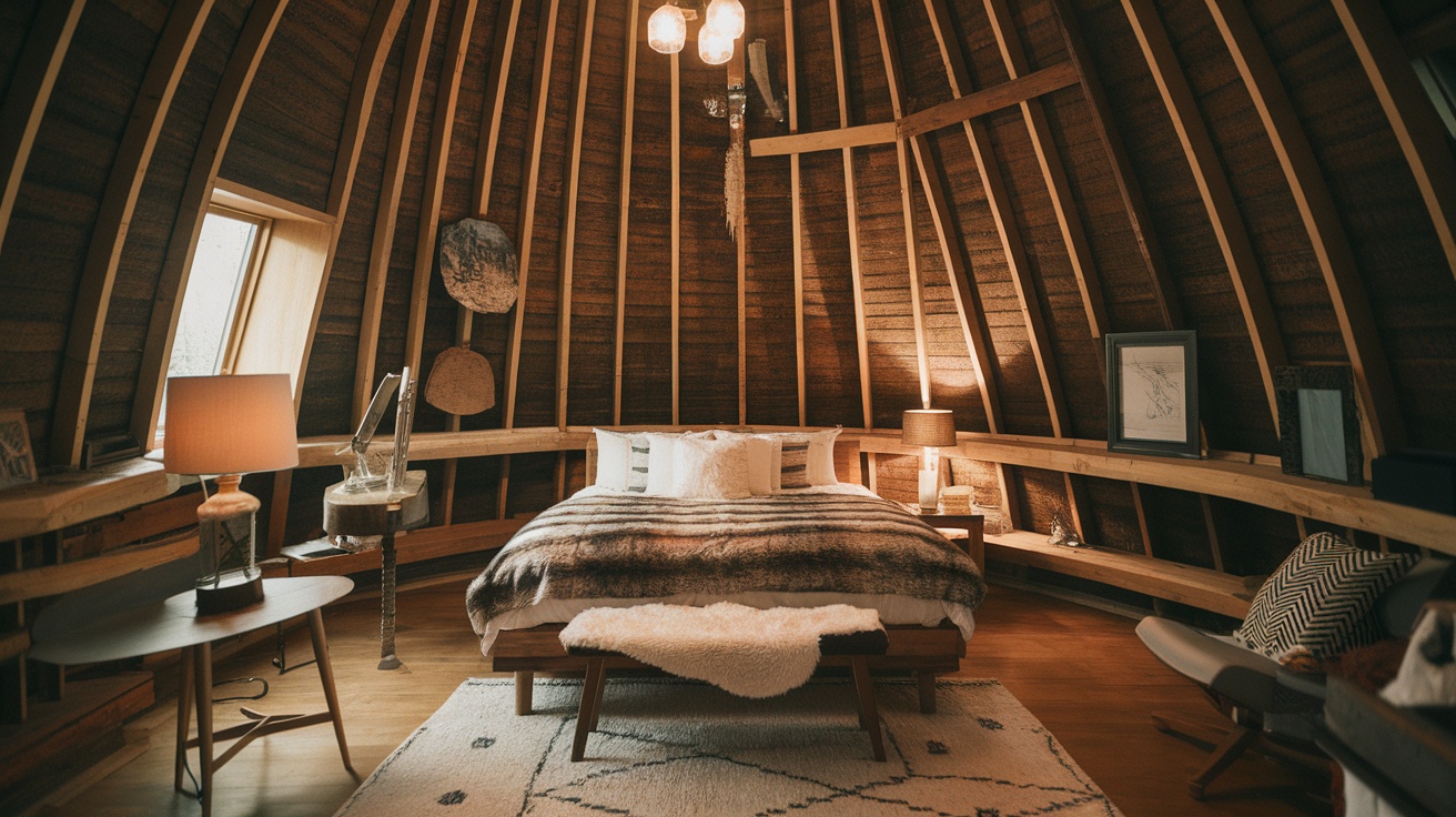Cozy bedroom in a barndominium with wooden beams and soft lighting