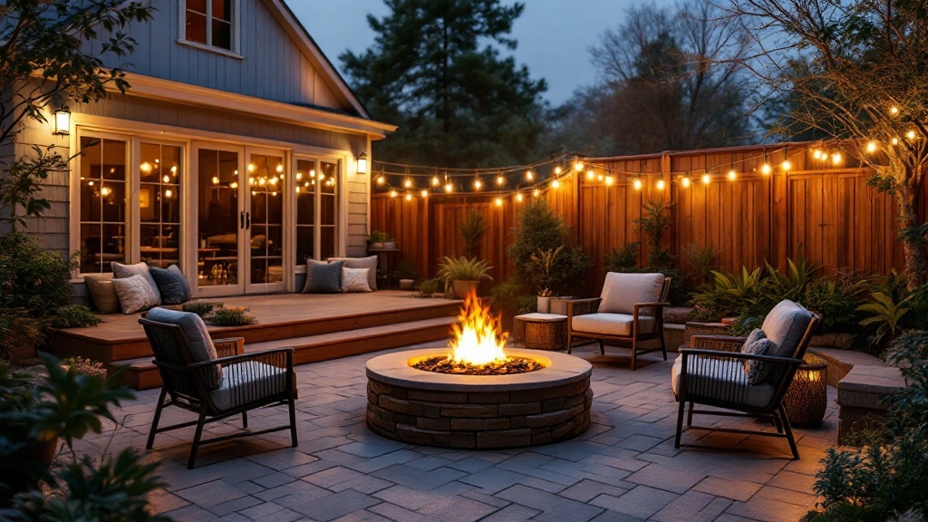 A cozy fire pit gathering space with chairs, a warm fire, and string lights in a backyard.