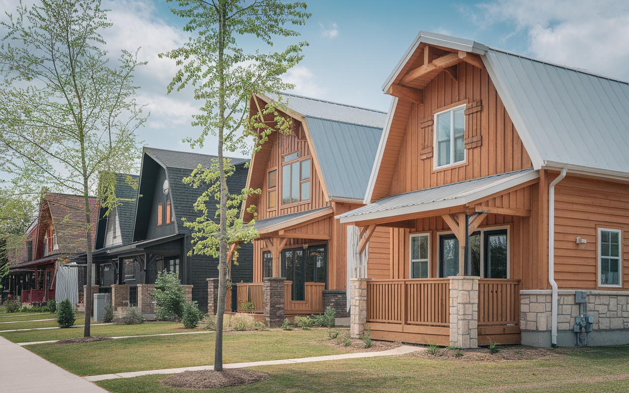 A row of barndominiums showcasing a mix of wood and metal exteriors, surrounded by trees and greenery.