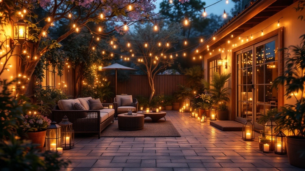 A beautifully lit patio with string lights, lanterns, and candles creating a cozy atmosphere