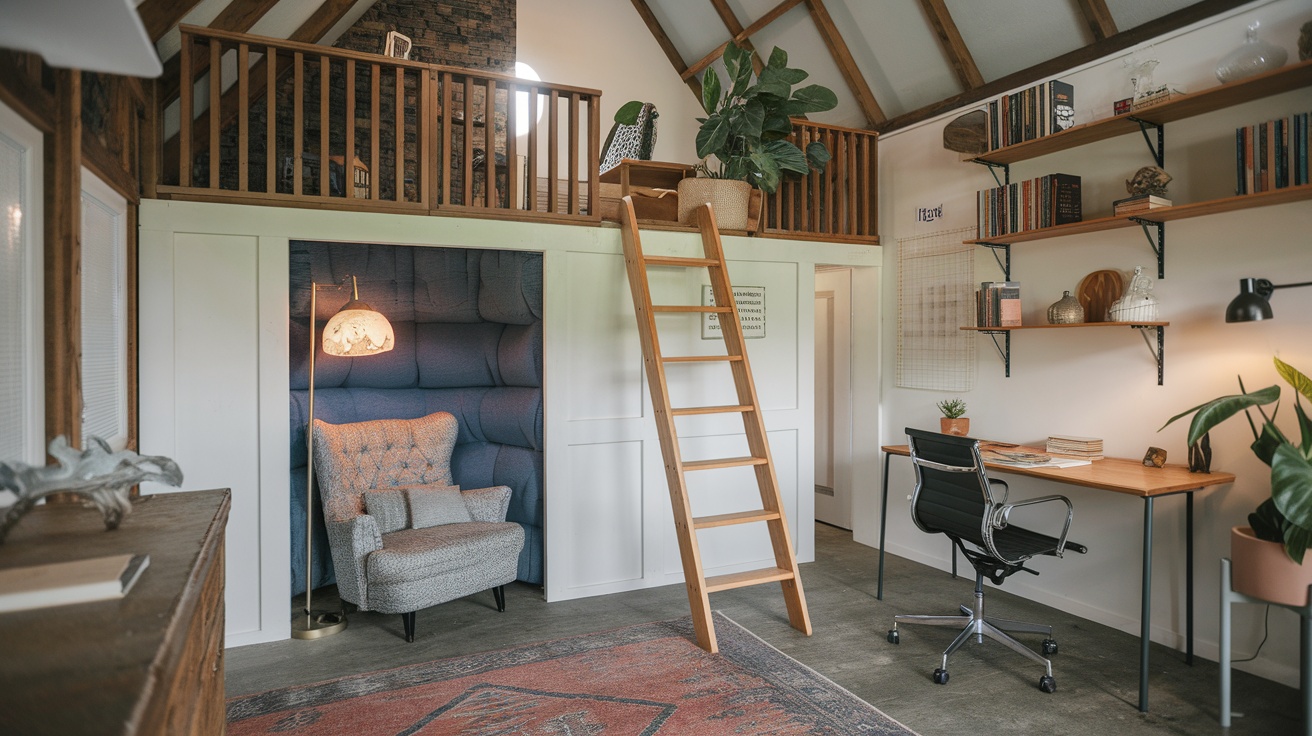 Cozy loft space in a barndominium featuring a chair, desk, and wooden ladder.
