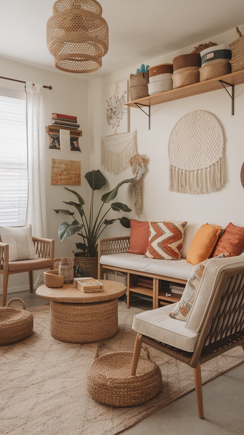 A cozy boho living room featuring creative storage solutions with woven baskets and open shelving.