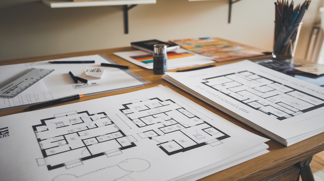 A workspace with various barndominium floor plans and design tools.