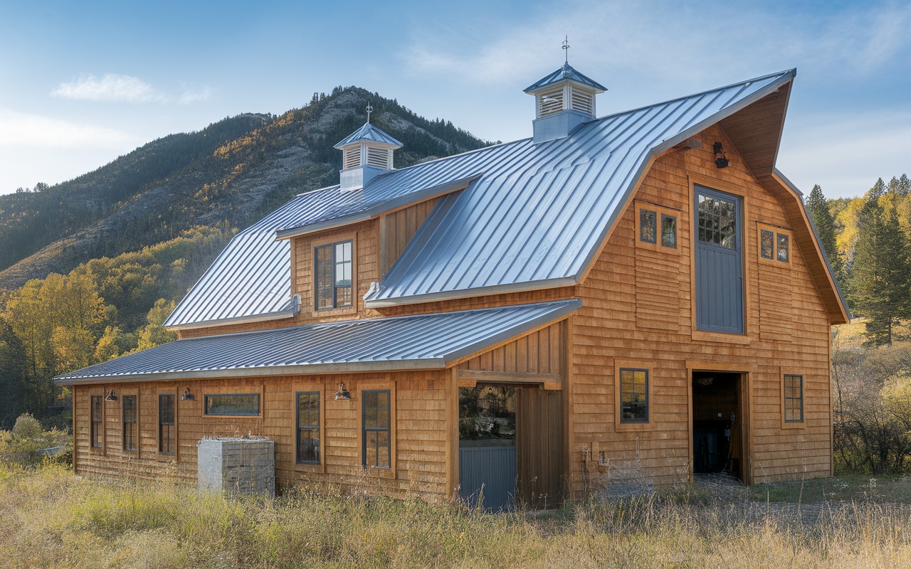 A barndominium with a metal roof and wooden siding, set against a mountainous backdrop.