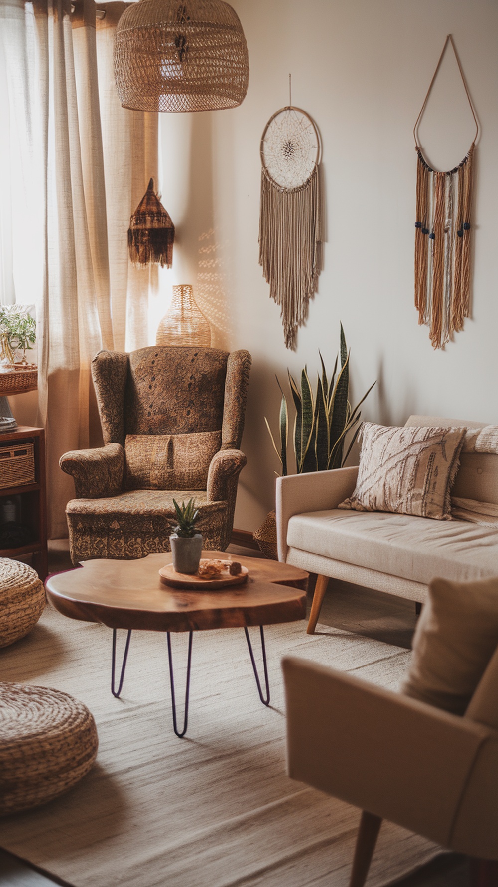 A cozy boho living room featuring eclectic furniture including a patterned armchair, light-colored sofa, wooden coffee table, and decorative wall hangings.