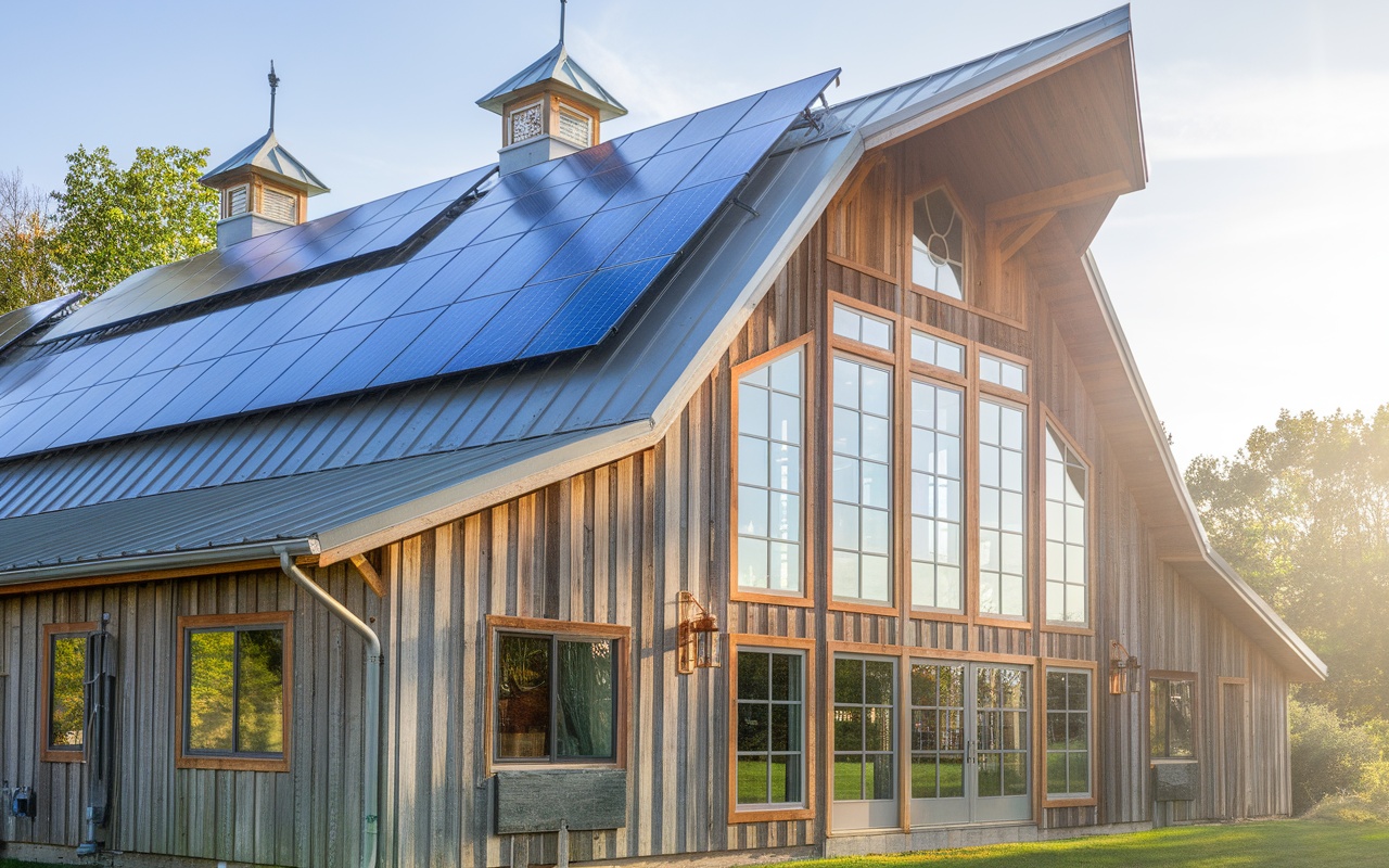 A barndominium with solar panels on the roof and large windows, showcasing energy-efficient design.