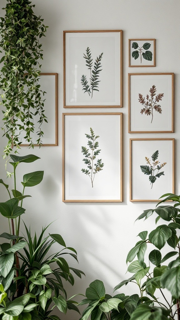 A wall decorated with framed botanical prints alongside greenery in pots.
