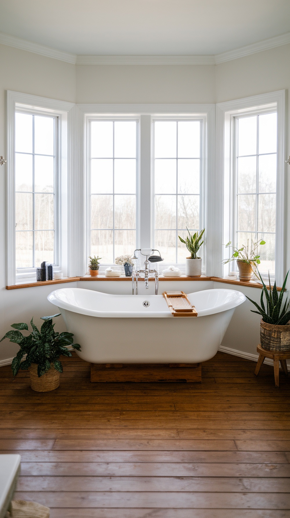 A freestanding bathtub in a modern farmhouse bathroom with large windows and wooden accents.