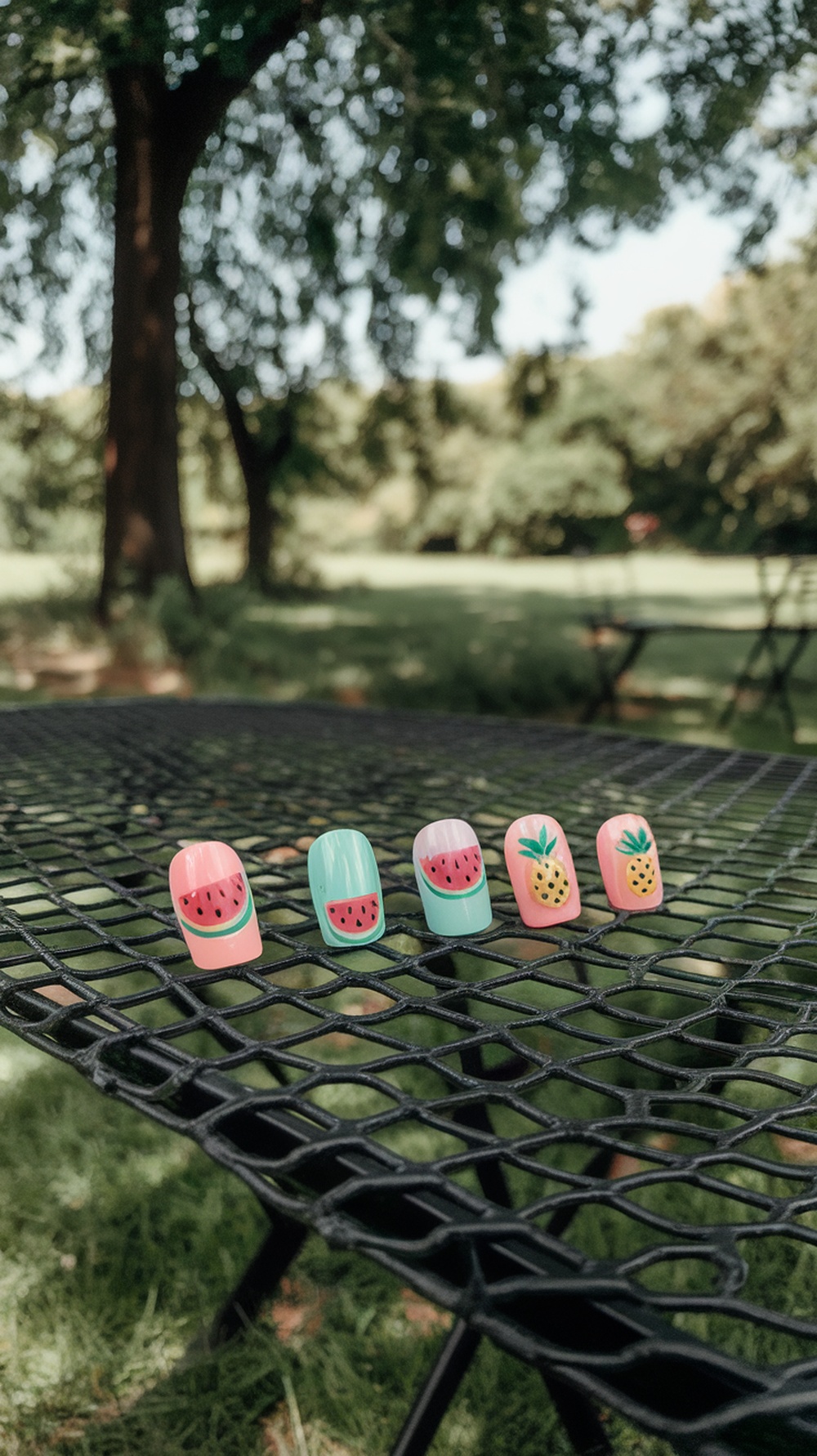 Colorful fruit-themed nail designs featuring watermelon and pineapple patterns on a black table.