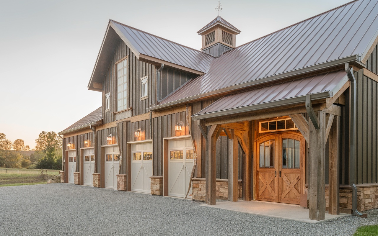 Exterior view of a barndominium featuring a wooden entryway and spacious garage doors